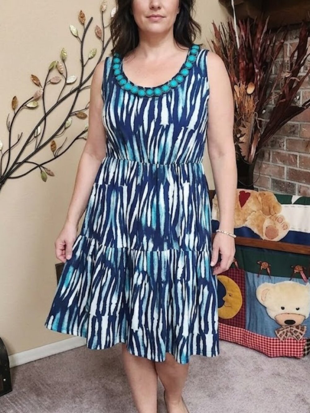 NWT NY Collection beaded neckline sleeveless blues and whites dress sz Large